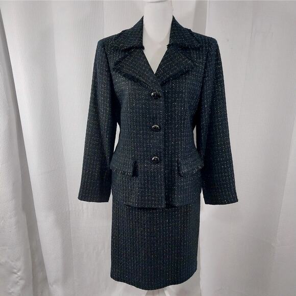 NWOT! KASPER! BLACK & SILVER METALLIC PLAID NUBBY FINISH SKIRT SUIT SET! SZ 14 - Picture 2 of 13